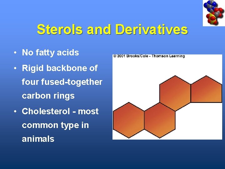 Sterols and Derivatives • No fatty acids • Rigid backbone of four fused-together carbon
