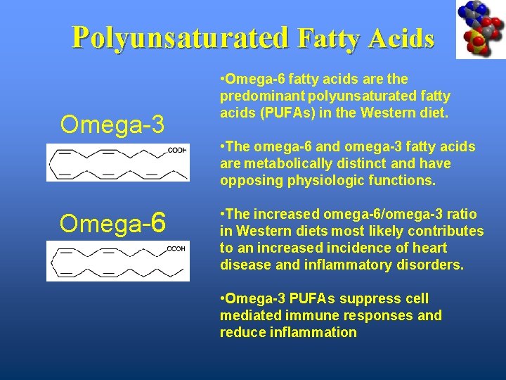 Polyunsaturated Fatty Acids Omega-3 • Omega-6 fatty acids are the predominant polyunsaturated fatty acids