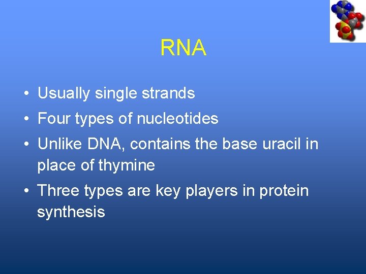 RNA • Usually single strands • Four types of nucleotides • Unlike DNA, contains