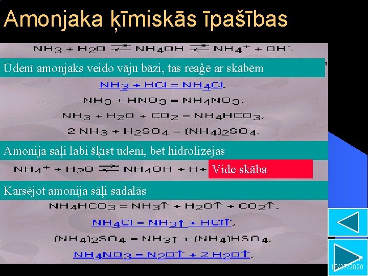 Amonjaka ķīmiskās īpašības Ūdenī amonjaks veido vāju bāzi, tas reaģē ar skābēm Amonija sāļi