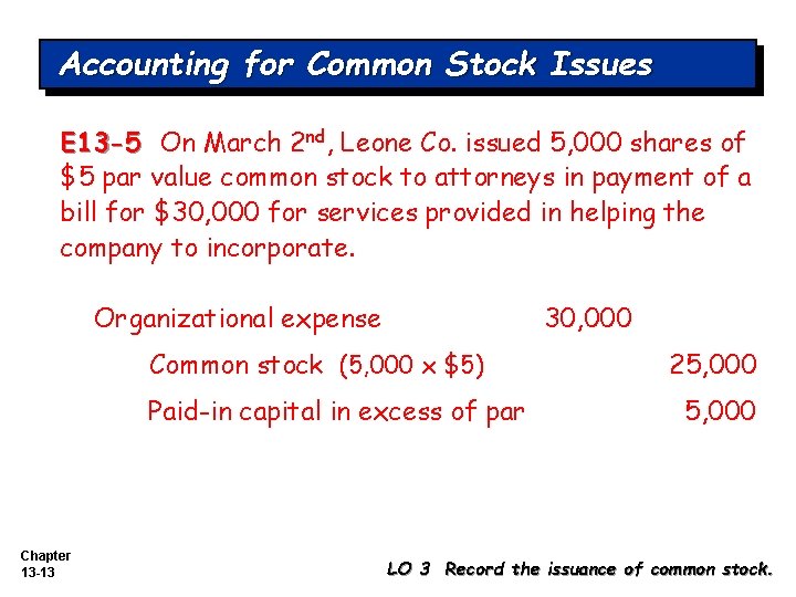 Accounting for Common Stock Issues E 13 -5 On March 2 nd, Leone Co.