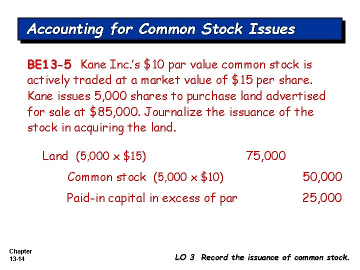 Accounting for Common Stock Issues BE 13 -5 Kane Inc. ’s $10 par value