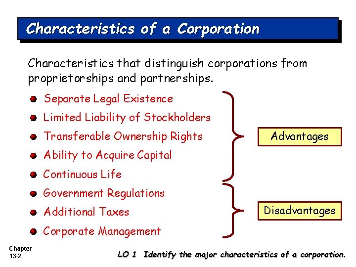 Characteristics of a Corporation Characteristics that distinguish corporations from proprietorships and partnerships. Separate Legal