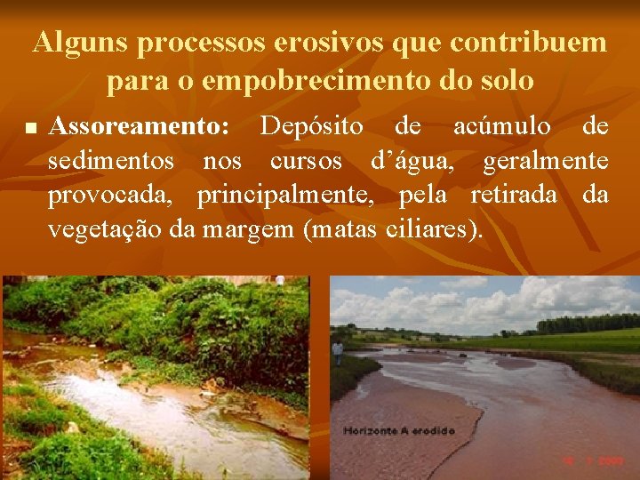 Alguns processos erosivos que contribuem para o empobrecimento do solo n Assoreamento: Depósito de