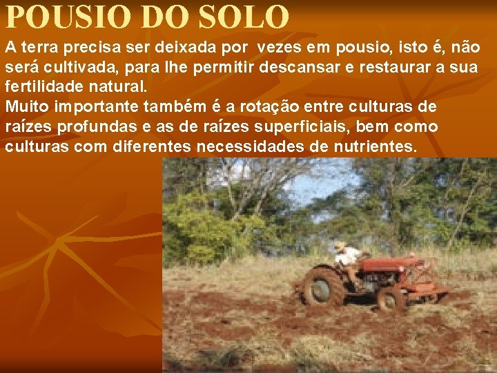 POUSIO DO SOLO A terra precisa ser deixada por vezes em pousio, isto é,