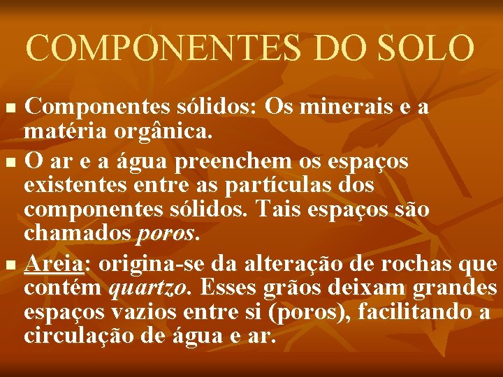COMPONENTES DO SOLO Componentes sólidos: Os minerais e a matéria orgânica. n O ar