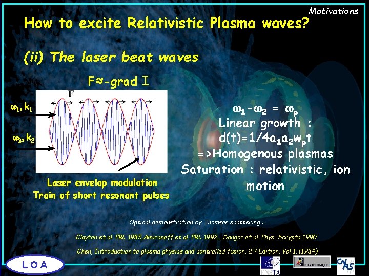 Motivations How to excite Relativistic Plasma waves? (ii) The laser beat waves F≈-grad I