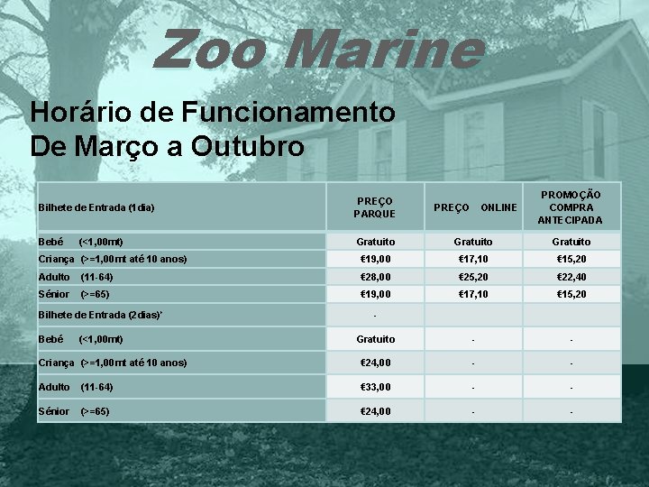 Zoo Marine Horário de Funcionamento De Março a Outubro Bilhete de Entrada (1 dia)