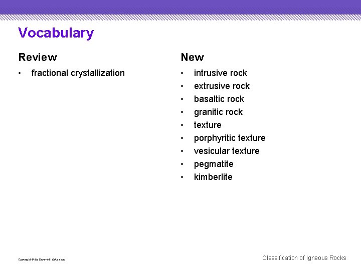 Vocabulary Review New • • • fractional crystallization Copyright © Mc. Graw-Hill Education intrusive