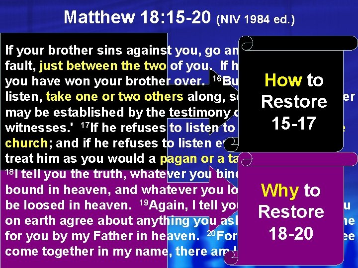 Matthew 18: 15 -20 (NIV 1984 ed. ) If your brother sins against you, Matthew 18: 15 -20 (NIV 1984 ed. ) If your brother sins against you,