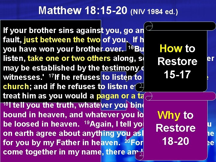 Matthew 18: 15 -20 (NIV 1984 ed. ) If your brother sins against you,