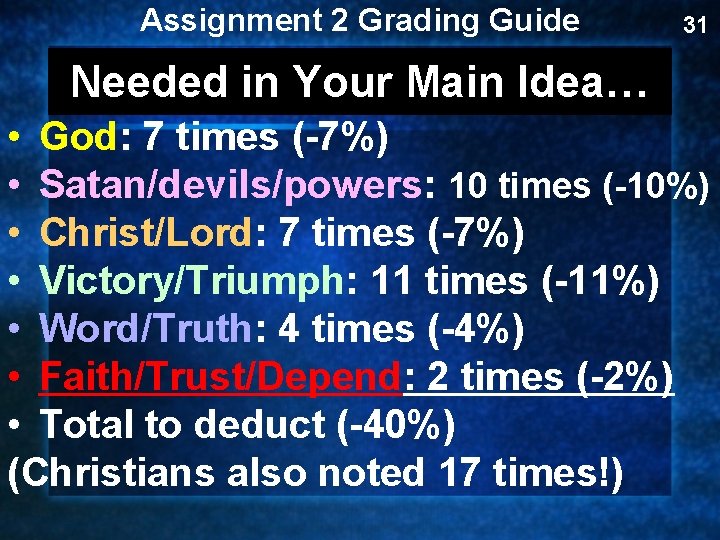 Assignment 2 Grading Guide 31 Needed in Your Main Idea… • God: 7 times Assignment 2 Grading Guide 31 Needed in Your Main Idea… • God: 7 times