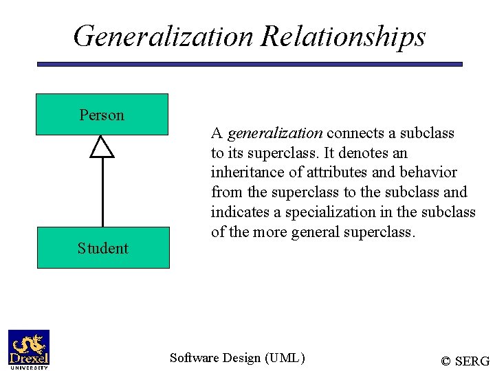 Generalization Relationships Person Student A generalization connects a subclass to its superclass. It denotes