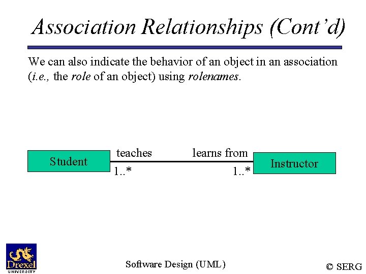 Association Relationships (Cont’d) We can also indicate the behavior of an object in an