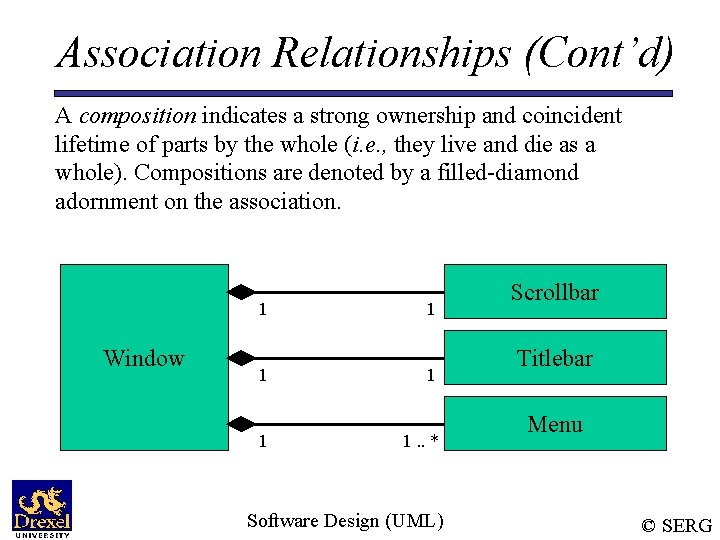 Association Relationships (Cont’d) A composition indicates a strong ownership and coincident lifetime of parts