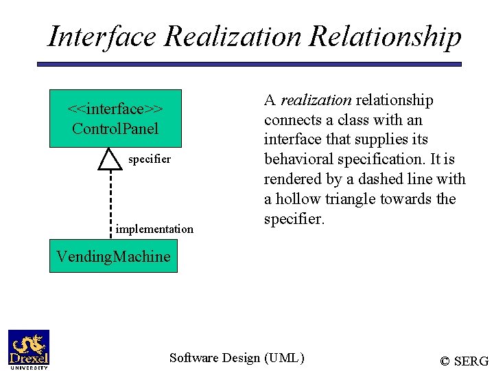 Interface Realization Relationship <<interface>> Control. Panel specifier implementation A realization relationship connects a class