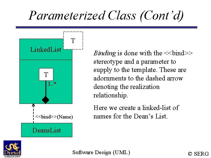 Parameterized Class (Cont’d) T Linked. List Binding is done with the <<bind>> stereotype and