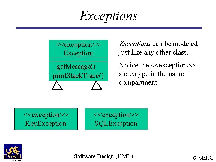 Exceptions <<exception>> Exceptions can be modeled just like any other class. get. Message() print.