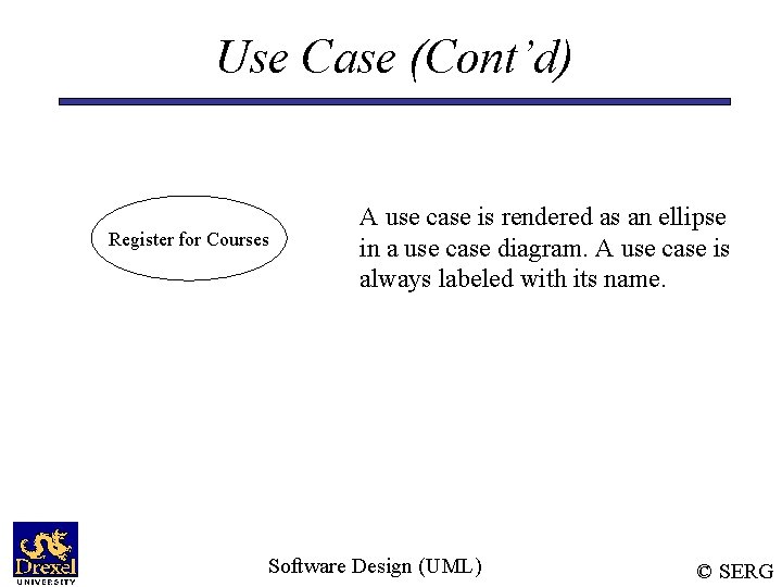 Use Case (Cont’d) Register for Courses A use case is rendered as an ellipse