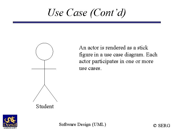 Use Case (Cont’d) An actor is rendered as a stick figure in a use