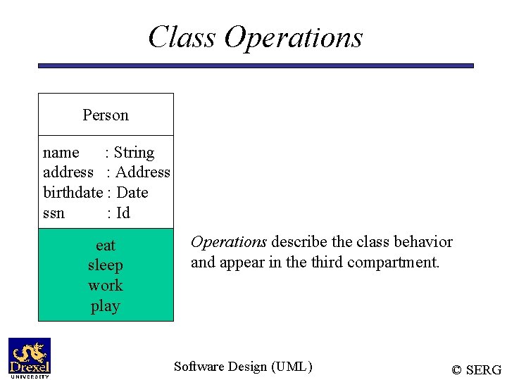 Class Operations Person name : String address : Address birthdate : Date ssn :