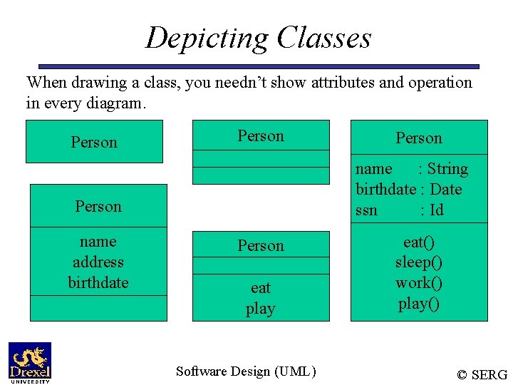 Depicting Classes When drawing a class, you needn’t show attributes and operation in every