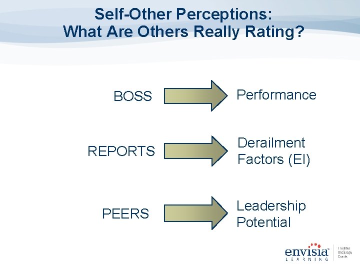 Self-Other Perceptions: What Are Others Really Rating? BOSS Performance REPORTS Derailment Factors (EI) PEERS