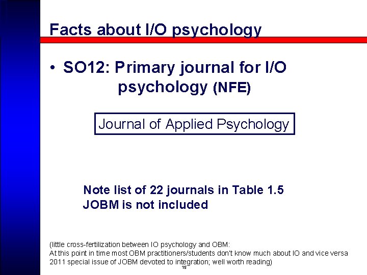 Facts about I/O psychology • SO 12: Primary journal for I/O psychology (NFE) Journal