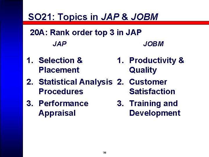 SO 21: Topics in JAP & JOBM 20 A: Rank order top 3 in