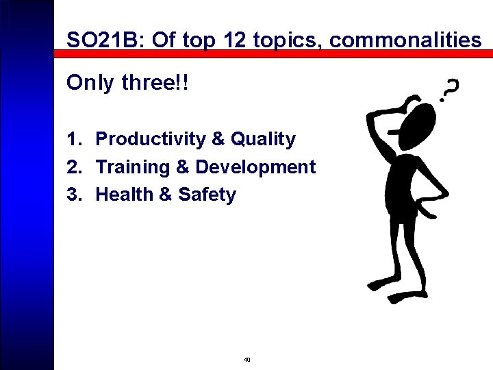 SO 21 B: Of top 12 topics, commonalities Only three!! 1. Productivity & Quality