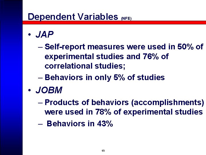 Dependent Variables (NFE) • JAP – Self-report measures were used in 50% of experimental