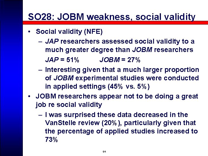 SO 28: JOBM weakness, social validity • Social validity (NFE) – JAP researchers assessed