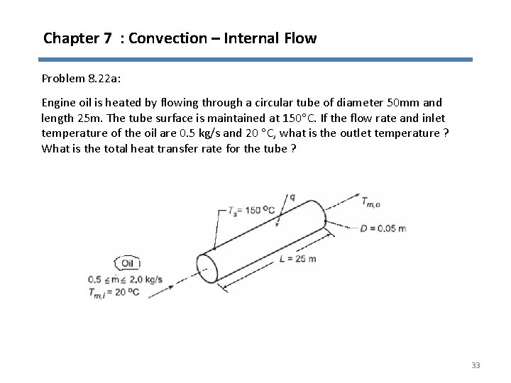 Chapter 7 : Convection – Internal Flow Problem 8. 22 a: Engine oil is