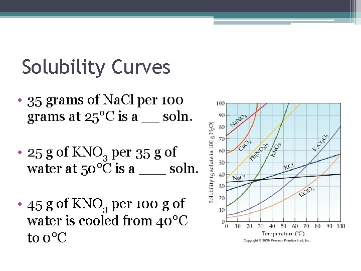 Solubility Curves • 35 grams of Na. Cl per 100 grams at 25°C is