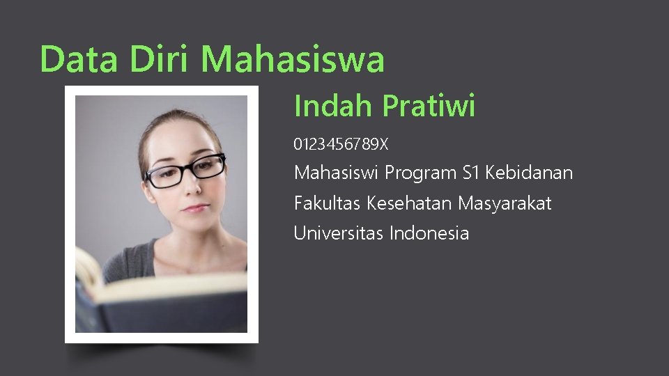 Data Diri Mahasiswa Indah Pratiwi 0123456789 X Mahasiswi Program S 1 Kebidanan Fakultas Kesehatan