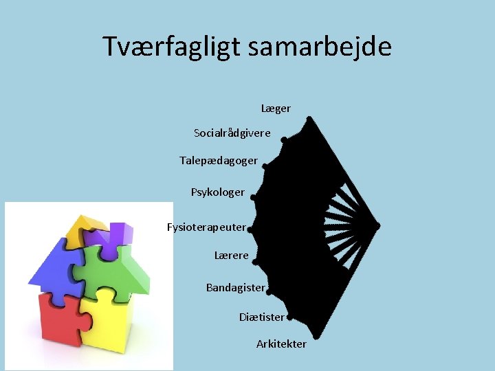 Tværfagligt samarbejde Læger Socialrådgivere Talepædagoger Psykologer Fysioterapeuter Lærere Bandagister Diætister Arkitekter 