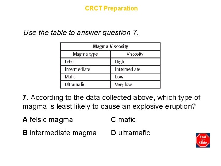 Chapter 9 CRCT Preparation Use the table to answer question 7. According to the