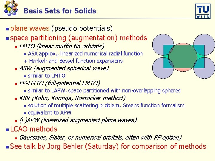 Basis Sets for Solids plane waves (pseudo potentials) n space partitioning (augmentation) methods n