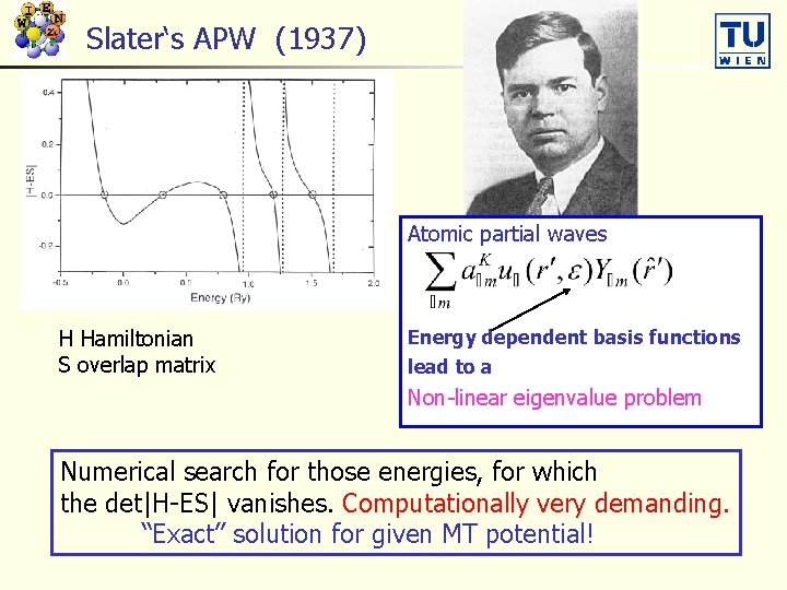 Slater‘s APW (1937) Atomic partial waves H Hamiltonian S overlap matrix Energy dependent basis