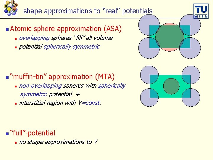 shape approximations to “real” potentials n Atomic sphere approximation (ASA) overlapping spheres “fill” all