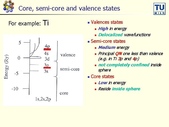 Core, semi-core and valence states For example: Ti Valences states n High in energy