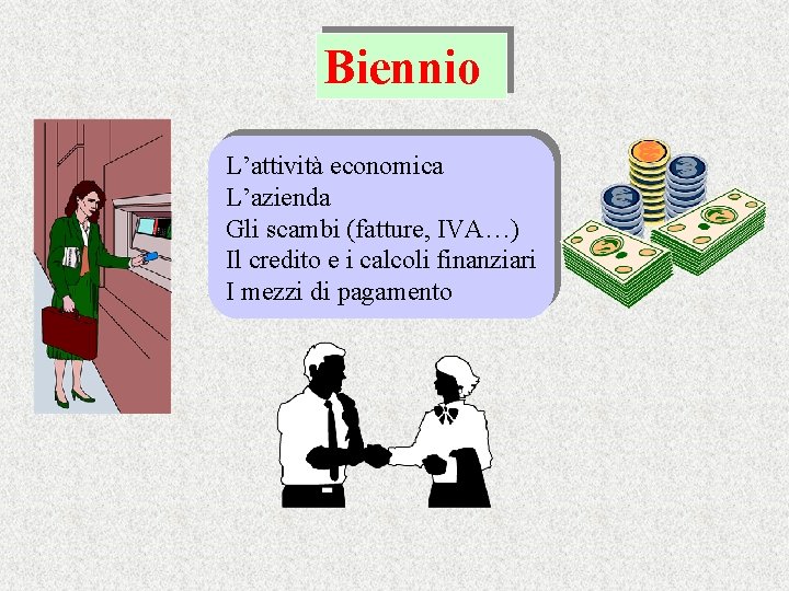 Biennio L’attività economica L’azienda Gli scambi (fatture, IVA…) Il credito e i calcoli finanziari