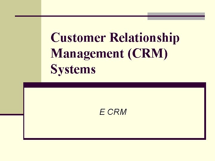 Customer Relationship Management (CRM) Systems E CRM 