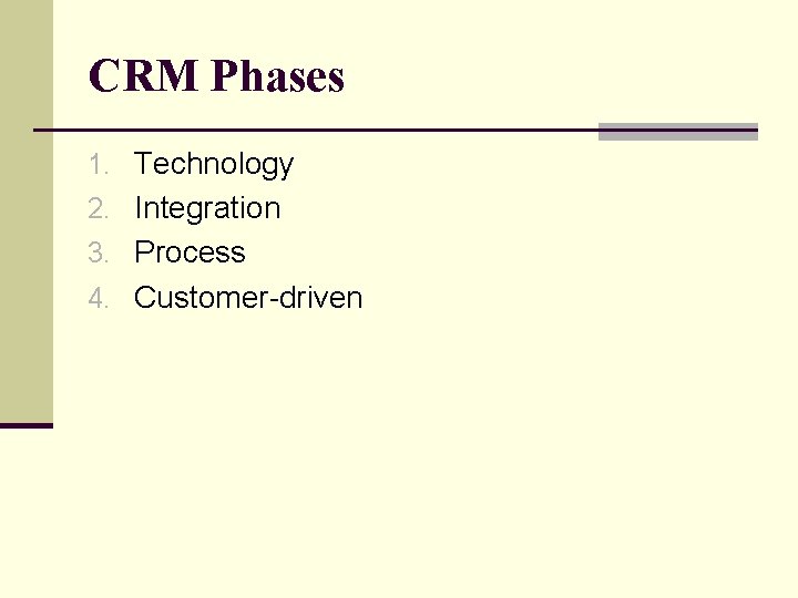 CRM Phases 1. Technology 2. Integration 3. Process 4. Customer-driven 