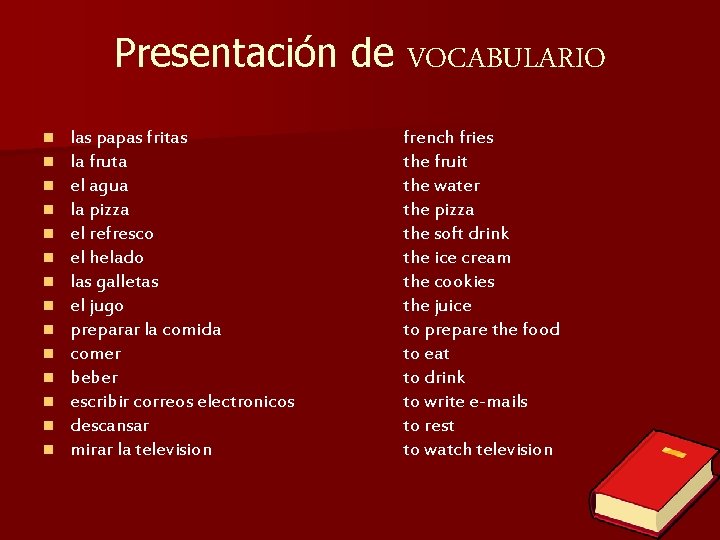 Presentación de VOCABULARIO n n n n las papas fritas la fruta el agua