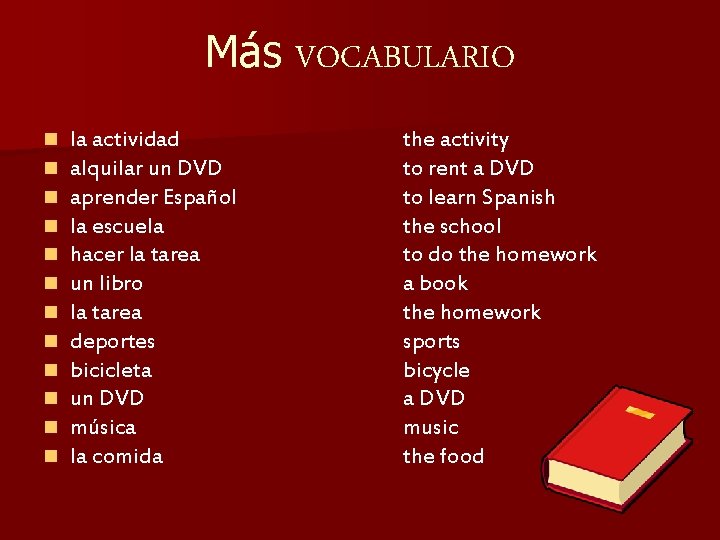 Más VOCABULARIO n n n la actividad alquilar un DVD aprender Español la escuela