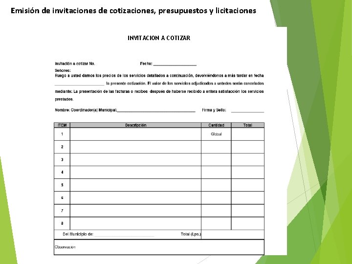 Emisión de invitaciones de cotizaciones, presupuestos y licitaciones INVITACION A COTIZAR 