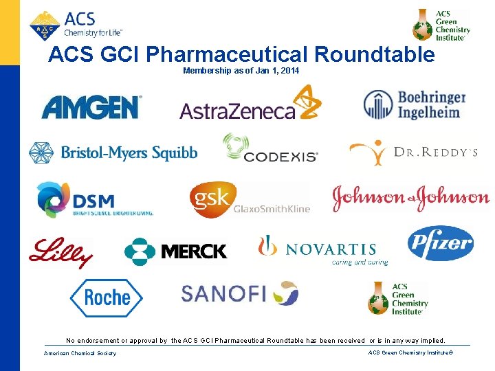 ACS GCI Pharmaceutical Roundtable Membership as of Jan 1, 2014 No endorsement or approval