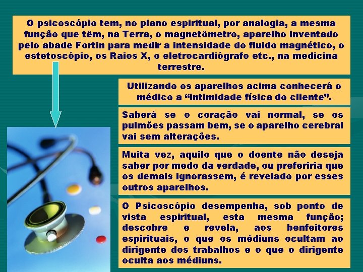 O psicoscópio tem, no plano espiritual, por analogia, a mesma função que têm, na