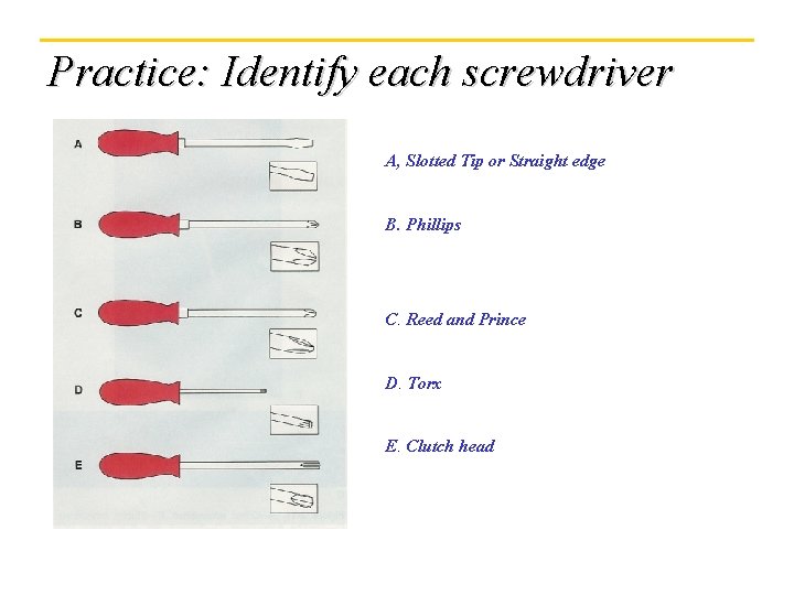 Practice: Identify each screwdriver A, Slotted Tip or Straight edge B. Phillips C. Reed